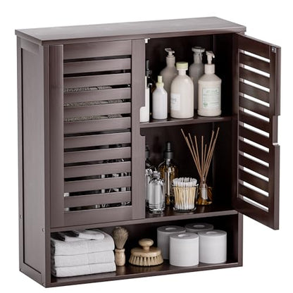 SMIBUY Bathroom Cabinet Wall Mounted, Bamboo Over-The-Toilet Storage Organizer, Space Saver Medicine Cabinet with 2 Door and Adjustable Shelves (Dark Brown) - color: Brown