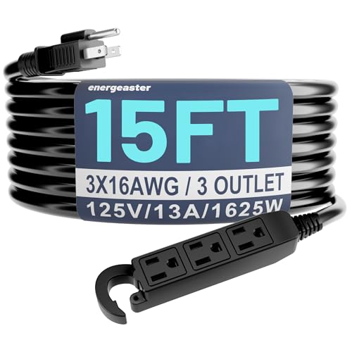Energeaster 16/3 15 Ft 3 Outlet Extension Cord Outdoor Waterproof, Black Extension Cords with Multiple Outlets, 3 Prong with Multi Outlet Outside 13A 1625W 16AWG, ETL Listed - color: Black, size: 15ft
