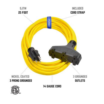 Clear Power 25 ft 14/3 SJTW 3 Outlet Heavy Duty Outdoor Extension Cord, Water, Weather & Kink Resistant, Flame Retardant, Yellow, 3 Prong Grounded Plug, CP10124