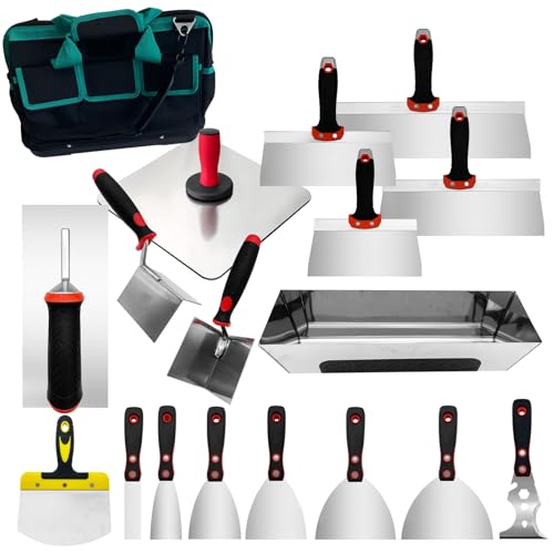 18 Pieces Drywall Hand Tool Kit, Putty Knife Set with Mud Pan, Aluminum Hawk, Finishing Trowel, Painter Scraper, Inside & Outside Drywall Corner Trowel and Carry Bag, Taping Knife Hand Tools - size: Drywall Knife Set, 18 Pcs