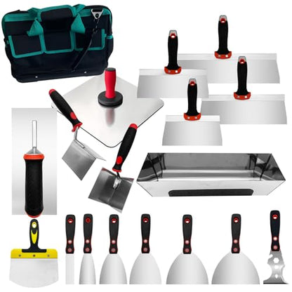 18 Pieces Drywall Hand Tool Kit, Putty Knife Set with Mud Pan, Aluminum Hawk, Finishing Trowel, Painter Scraper, Inside & Outside Drywall Corner Trowel and Carry Bag, Taping Knife Hand Tools - size: Drywall Knife Set, 18 Pcs