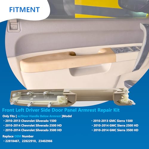 22818467 Front Left Driver Side Door Panel Armrest Repair Kit with Door Release Handle Below Armrest (17 Inch) Tan Compatible with 2010-2014 Chevrolet Chevy Silverado/GMC Sierra 1500 2500HD 3500HD - color: Tan