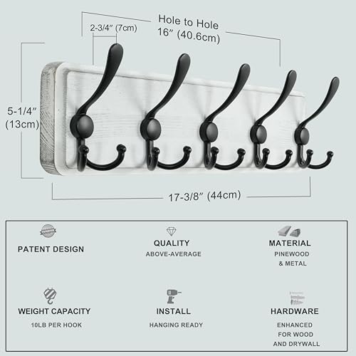 Dseap Coat Rack Wall Mounted - 5 Tri Hooks, Heavy Duty, Wooden Wall Coat Hanger Coat Hook for Clothes Hat Jacket Clothing, Natural & Black, 2 Packs - color: Natural & Black, size: L=17.4"