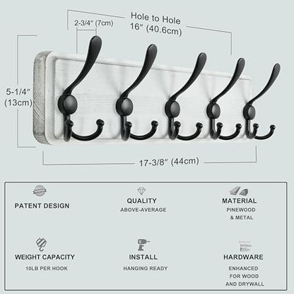 Dseap Coat Rack Wall Mounted - 5 Tri Hooks, Heavy Duty, Wooden Wall Coat Hanger Coat Hook for Clothes Hat Jacket Clothing, Natural & Black, 2 Packs - color: Natural & Black, size: L=17.4"