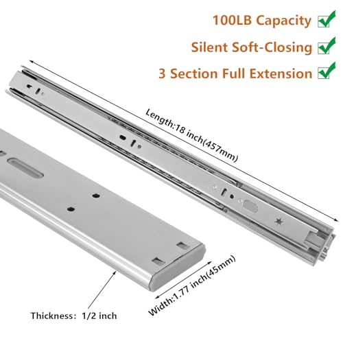 LONTAN 10 Pairs Soft Close Drawer Slides 18 inch SL4502S3-18 Ball Bearing Full Extension Dresser Drawer Glides Side Mount Heavy Duty Kitchen Cabinet Rails 100lb Capacity - color: Silver-Soft Close, size: 18 Inch - Drawer Slide