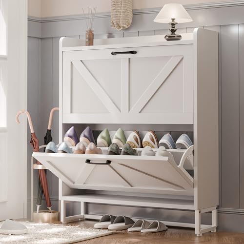 MU Shoe Storage Cabinet for Entryway, Hidden Shoe Cabinet with 2 Flip Drawers, Narrow Shoe Organizer Shoe Rack Cabinet with Metal Legs, White - color: White, size: 2 Drawers