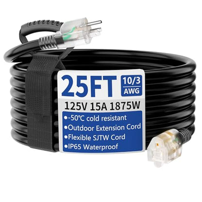 25ft Outdoor/Indoor Extension Cord with Lighted 10/3 Gauge Ultra 3 Prong Heavy Duty SJTW, Waterproof, Flexible Cold-Resistant,15A 125V 1875W, Black - size: 25FT
