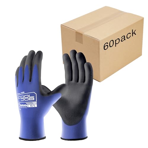 COOLJOB 60 Pairs Safety Work Gloves Pack Bulk with Grip PU Coating, 13 Gauge Seamless Knit Gloves with Polyurethane Dipped for Warehouse Working, Breathable Lightweight for Men Women, Blue Small - color: Blue, size: Small (Pack of 60)