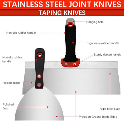 Drywall Hand Tool Kit, 10 Pieces Stainless Steel Drywall Knife Set Include Putty Knife, Taping Knifes, Painter Scraper, 14" Mud Pan & 6" Scoop for Joint Taping, Finishing, Patching - size: Drywall Knife Set, 10pcs