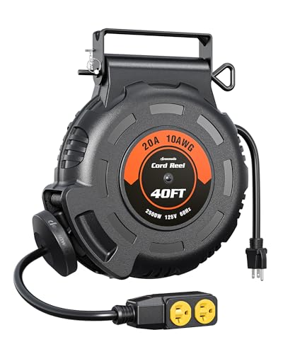 DEWENWILS Retractable Extension Cord Reel, 40FT 10AWG/3C SJTW Heavy Duty Power Cord, 4 Grounded Outlets, 20 Amp Circuit Breaker, 2500W, 180° Swivel Bracket for Ceiling/Wall Mount, ETL Listed - style: 10AWG/3C 40FT