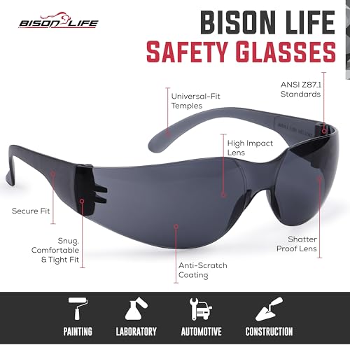 BISON LIFE Clear Safety Glasses – ANSI Z87.1 Scratch & Impact Resistant Wrap Around Eye Protection Goggles for Men & Women - color: Black/Black