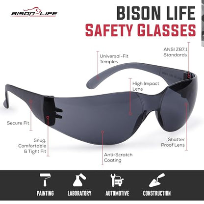 BISON LIFE Clear Safety Glasses – ANSI Z87.1 Scratch & Impact Resistant Wrap Around Eye Protection Goggles for Men & Women - color: Black/Black