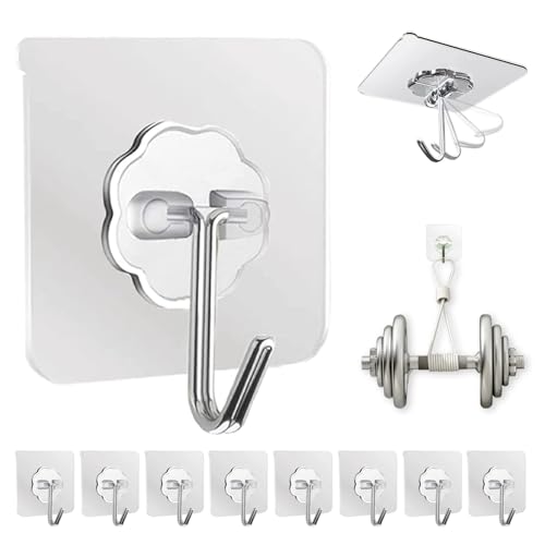 Adhesive Wall Hooks for Hanging Heavy Duty 50 lbs Large Hooks for Walls No Damage, Towel Sticky Clear Hook, Waterproof, Home, Bathroom, Kitchen, Office, and Outdoor 10 Pack - color: Transparent, size: 10 Pieces