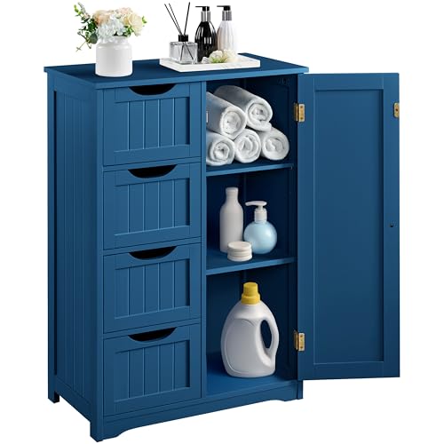 Yaheetech Wooden Bathroom Floor Cabinet, Side Storage Organizer Cabinet with 4 Drawers and 1 Cupboard, Freestanding Entryway Storage Unit Console Table, Bathroom Furniture Home Decor, Navy Blue - color: Navy Blue, size: 22 x 12 x 32.5 In (LxWxH)