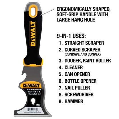DEWALT 9-in-1 Painter's Tool | Straight Scraper, Curved Scraper, Gouger, Roller Cleaner, Can Opener, Bottle Opener, Nail Puller, Screwdriver, Hammer | Carbon Steel w/Soft Grip Handle | DXTT-2-200