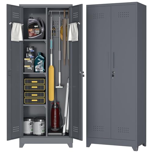 65''H Garage Storage Cabinets, Metal Locking Storage Cabinet with Doors and Shelves, Utility Closet Cabinet with Hanging Rod, Cleaning Storage for Kitchen, Office, Garage - color: Grey, size: 65''H-Cleaning cabinet