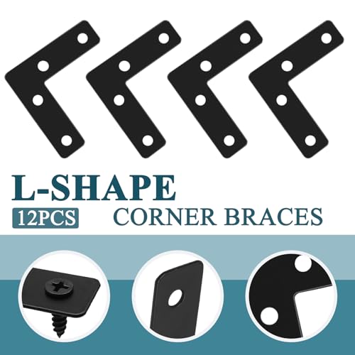 12 Pcs 1.96" x 0.56" L-Shape Corner Brace Brackets, 90°Angle Flat Mending Repair Plates Corner Brackets with Screws, Black - size: 1.96", style: L-Shape