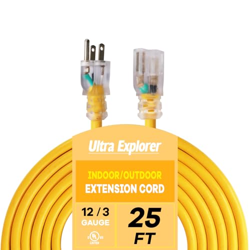 Indoor Extension Cord Waterproof 25 FT, 12 Gauge Heavy Duty Yellow Extension Cord SJTW, Flexible Cold-Resistant 3 Prong Grounded Power Cord for Lawn, Garden, Appliance, UL Listed - color: Yellow, size: 25 ft