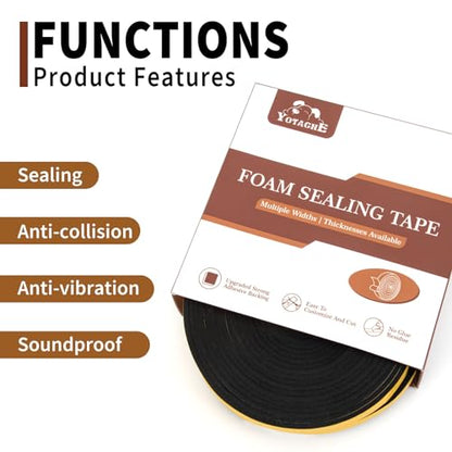 Yotache Weather Stripping 2 Rolls 1" W X 1/8" T (New Adhesive Craft), Neoprene Foam Weatherstrip Tape for Automotive, 33 Ft Length (2 X 16.5 Ft Each) - size: 1"x1/8"x33 FT