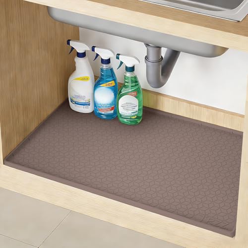 TRZZ Silicone Waterproof Under Sink Mat 22" x 19", Drip Tray and Cabinet Liner for Kitchen and Bathroom, Prevents Water Damage and Organizes Cabinets (Brown) - color: Brown, size: 19"W x 22"L