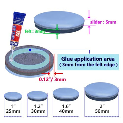 No Lost Pads! Chair Leg Glides (Felt Base) for Thick, Thin & Plush Rugs – Easy Glide, No Wrinkles, Chair Feet, Not Adhesive Backing | 50mm (2") Round, 8 Pcs - size: 2" Round Gray