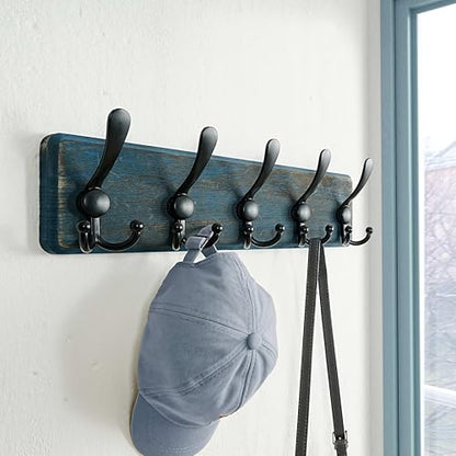Dseap Coat Rack Wall Mount - Heavy-Duty Robust Barnwood-Style Wooden Wall Coat Hanger Hook Rail with 5 Triple Hooks for Winter Coats Hat Jacket Clothing, Weathered Blue & Black, Pack of 2 - color: Weathered Blue & Black, size: L=17.4"