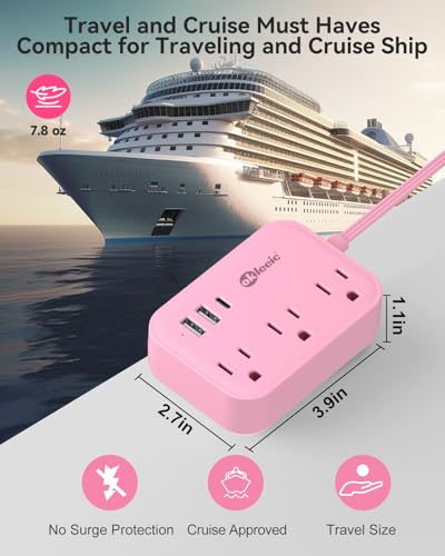 Pink Power Strip - 5Ft Extension Cord with 3 USB(1 USB C) Charging Station and 3 Outlets, Pink Desk Accessories for Cruise Travel Cute Kawaii College Dorm Desk Home Essentials - size: 5FT-Pink