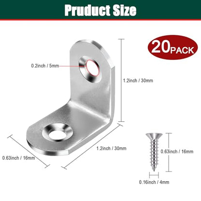20pcs L Bracket Corner Brace 30mmx30mm Stainless Steel 90 Degree Joints Right Angle Bracket Metal Fastener for Wood, Cabinet, with Screws - size: 30*30mm/ 1.2in