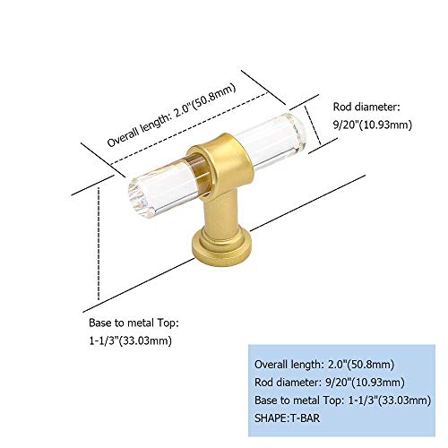 goldenwarm Pack of 15 Drawer Knobs Acrylic Clear T-bar Knobs - LS9165GD Single Hole Handles Brushed Gold Brass Acrylic Cabinet Handles Pulls - color: ‎Brass-acrylic, size: 15 Pack