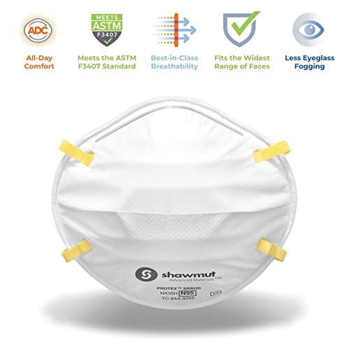 Shawmut Protex™ N95 Mask, Made in the USA NIOSH Approved, Particulate Respirators, Protective Face Mask for Dust, Construction, Medical, 12 Pack of 20 (Approval Number TC-84A-9295 / Model SR9520) - style: Standard (Pack of 240)