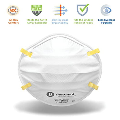 Shawmut Protex™ N95 Mask, Made in the USA NIOSH Approved, Particulate Respirators, Protective Face Mask for Dust, Construction, Medical, 12 Pack of 20 (Approval Number TC-84A-9295 / Model SR9520) - style: Standard (Pack of 240)