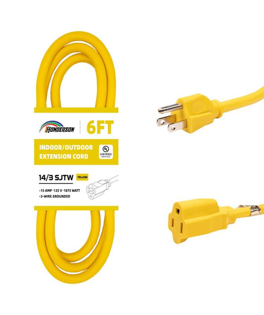 Indoor Outdoor Extension Cord Weatherproof, UL Certified, 14 Gauge 6FT Yellow 3 Prong Heavy Duty, 14/3 SJTW 15A Power Cord for Outdoor Lights, Appliances, Lawn - color: Yellow, size: 6FT, style: 14/3