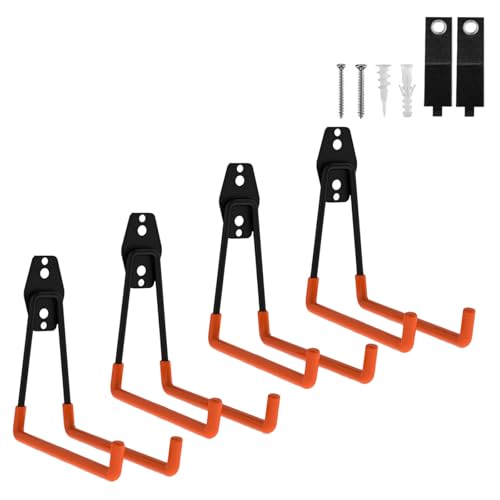 Garage Hooks Heavy Duty, 4 Pack Large Square Steel Garage Storage Hooks with Anti-Slip Coating, Multi-Purpose Ladder Hooks for Hanging Garden Tools, Hoses, Bikes and Folding Chairs (Orange) - color: Orange, size: 4pack-Large Square