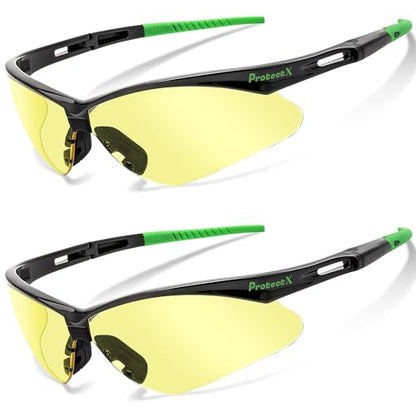 ProtectX Safety Glasses for Men & Women, Safety Sunglasses with Anti-Fog Scratch Resistant Lenses, Non-Slip Grips, ANSI Z87.1 - color: Evergreen Amber 2 Pk