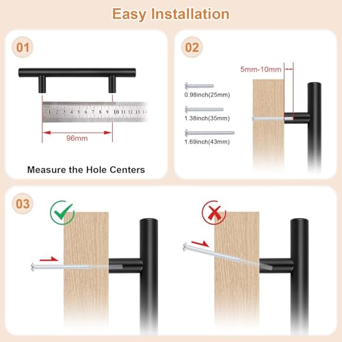 Probrico 5 Pack Holes Spacing (96mm) 3.75inch Black Kitchen Cabinet Handles Stainless Steel Matte Black Cabinet Pulls Round T Bar Pull Handle for Cabinets and Drawers Total Length 6inch(150mm) - color: Black, size: Hole Centers: 3-3/4"