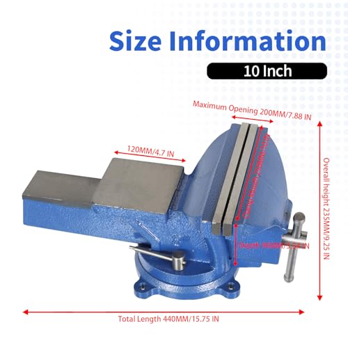 Nakkaa 10" Heavy Duty Bench Vise Cast Iron Vise with 360° Flexible Swivel Locking Base Home Work 10 Inch Swivel Bench Vice with Anvil - size: 10 Inch Bench Vise