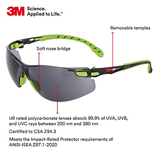 3M Safety Glasses, Solus 1000, S1202SGAF, ANSI Z87, Scotchgard Anti-Fog, Gray Lens, Green/Black Frame, Padded Temple, Soft Nosebridge, UV Protection, Premium Eye Protection - size: Single, style: Gray Lens, Green/Black Frame