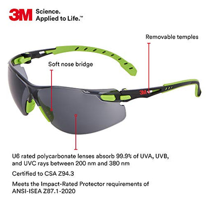 3M Safety Glasses, Solus 1000, S1202SGAF, ANSI Z87, Scotchgard Anti-Fog, Gray Lens, Green/Black Frame, Padded Temple, Soft Nosebridge, UV Protection, Premium Eye Protection - size: Single, style: Gray Lens, Green/Black Frame