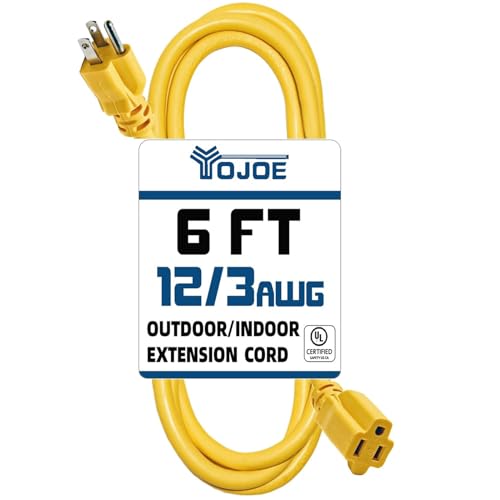 YOJOE Indoor Outdoor Extension Cord, 3 Prong 15A Weatherproof Power Cord, 12 Gauge Heavy Duty 6 ft Yellow Extension Cord for Garage, Garden and Home, 12/3 SJTW UL Listed - color: Yellow, size: 6 Foot, style: 12/3 Standard