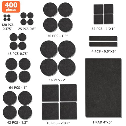 Felt Furniture Pads 400 Pieces, Furniture Pads for Hardwood Floors, Floor Protectors for Furniture Legs, Felt Pads for Furniture, Many Large Sizes Black - size: 400pcs Black