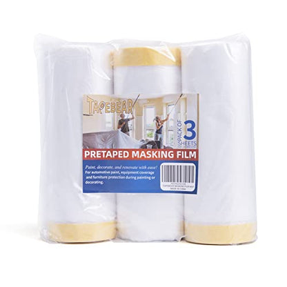 TAPEBEAR Pre-Taped Masking Film, Tape and Drape, Plastic Sheeting Roll, Automotive Painters Masking Tape Film, Plastic Sheeting Cover for Appliance and Furniture, 5feet X 90feet,1400mm x 27m, 3Rolls - size: 1400mm x 27m