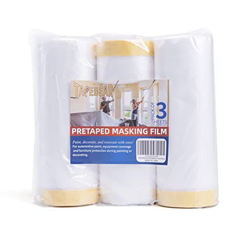 TAPEBEAR Pre-Taped Masking Film, Tape and Drape, Plastic Sheeting Roll, Automotive Painters Masking Tape Film, Plastic Sheeting Cover for Appliance and Furniture, 5feet X 90feet,1400mm x 27m, 3Rolls - size: 1400mm x 27m
