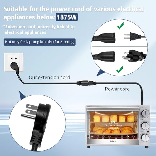 1875W Short Extension Cord,15A 16AWG Low Profile Flat Plug Heavy Duty Extension Cord Outlet Saver 3-Prong Grounded Power Cable (Black1 Feet) - size: Black 1 feet
