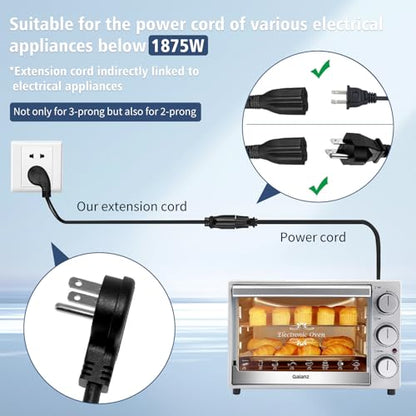 1875W Short Extension Cord,15A 16AWG Low Profile Flat Plug Heavy Duty Extension Cord Outlet Saver 3-Prong Grounded Power Cable (Black1 Feet) - size: Black 1 feet