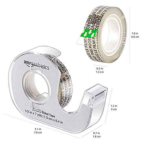 Amazon Basics Double Sided Permanent Tape with Dispenser, Narrow Width, 1/2 x 252 inches, Translucent, 3-Pack