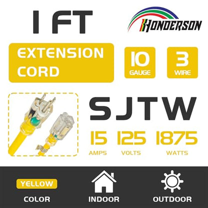 Extension Cord with Lighted End, UL Certified, 10 Gauge 1FT Yellow 3 Prong Heavy Duty, 10/3 SJTW 15A Power Cord for Lights, Lawn - size: 1FT, style: 10/3