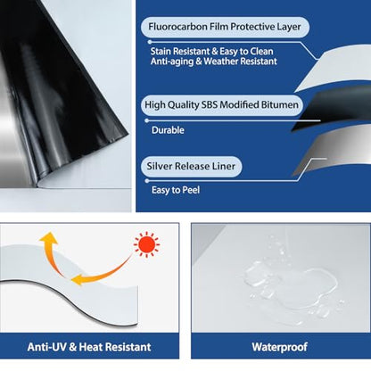 BXI Fluorocarbon Film Asphalt Waterproof Tape, 12 Inches X 32 Feet, Weatherproof Sealing Membrane, Self-Adhesive SBS Modified Bitumen Flashing Sealant Patch, Seam Leak for Roof Window Driveway Repair - size: 12" x 32'