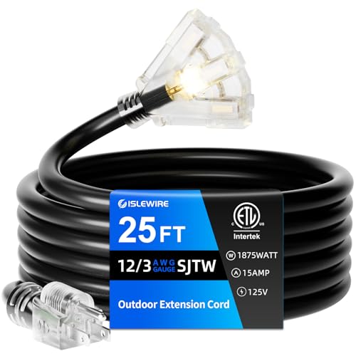 25 FT Outdoor Extension Cord with Multiple Outlets, 12 Gauge Heavy Duty Black Extension Cord Waterproof with 3 Outlet, 3 Prong Power Cord for Garden and Home Use Indicator Light, ETL Listed - color: Black, size: 25FT