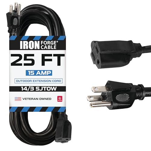 Iron Forge Cable 14 Gauge Outdoor Extension Cord 25 Ft, SJTOW 14/3 Heavy Duty Black Extension Cord 3 Prong, Oil Resistant & Flame Retardant - size: 25 Foot