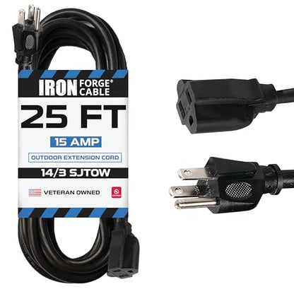 Iron Forge Cable 14 Gauge Outdoor Extension Cord 25 Ft, SJTOW 14/3 Heavy Duty Black Extension Cord 3 Prong, Oil Resistant & Flame Retardant - size: 25 Foot